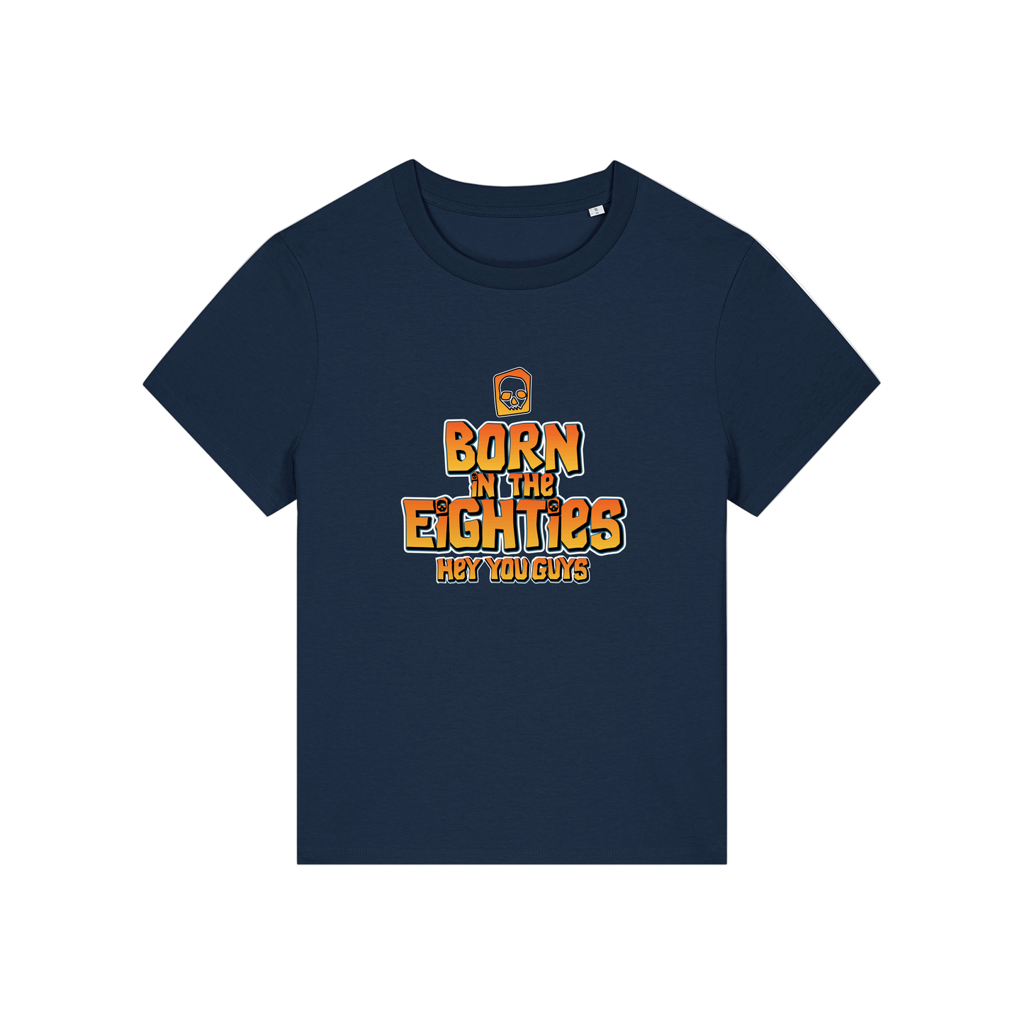 navy geek tee with the slogan 'born in the eighties hey you guys'