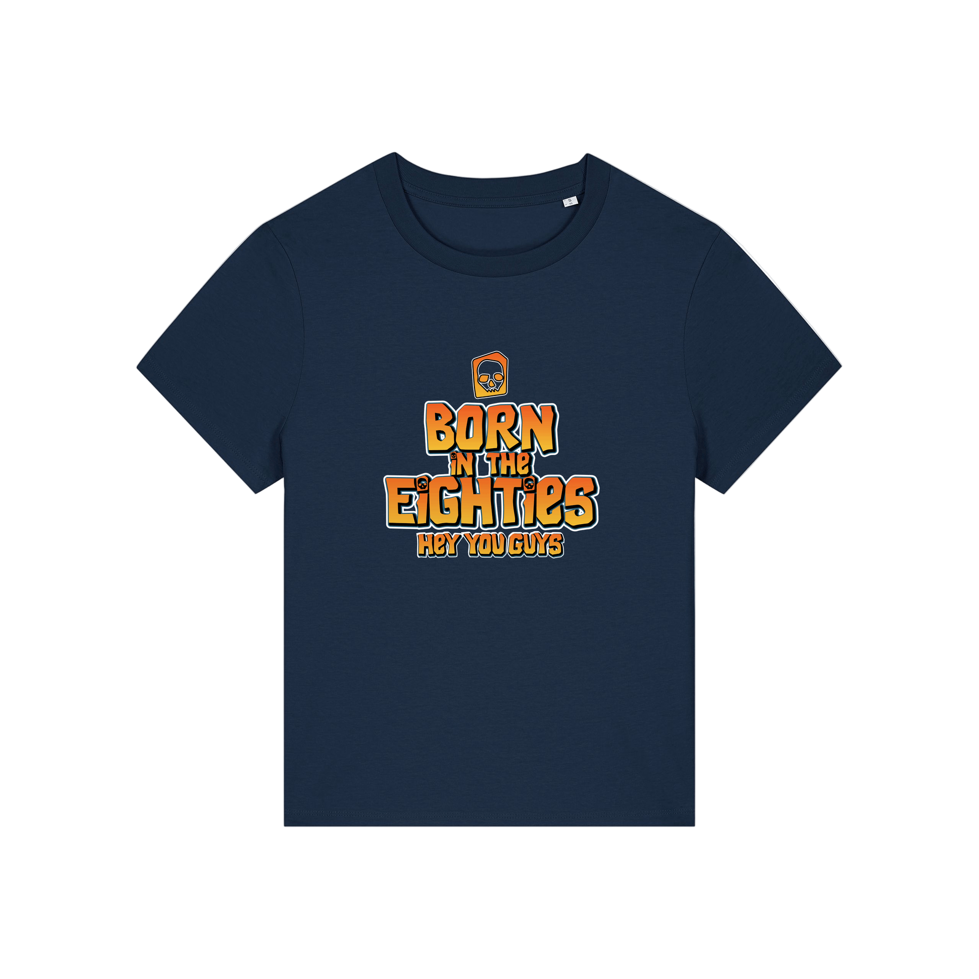 navy geek tee with the slogan 'born in the eighties hey you guys'