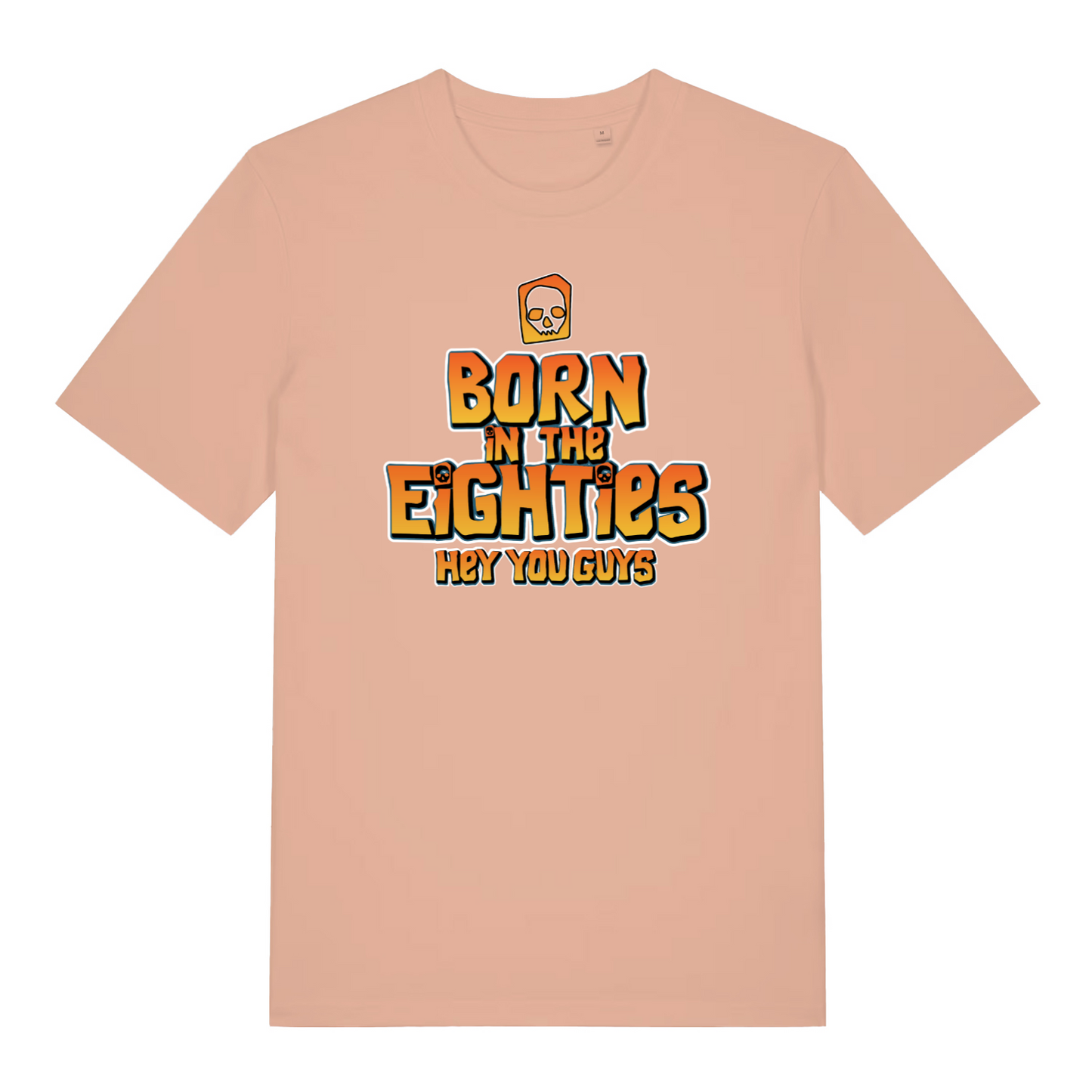 peach women's geek t-shirt with the slogan 'born in the eighties hey you guys'