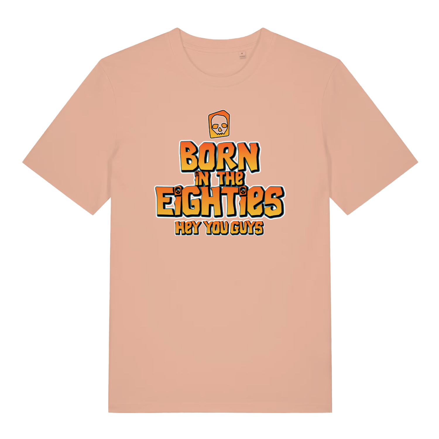 peach women's geek t-shirt with the slogan 'born in the eighties hey you guys'
