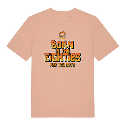 peach women's geek t-shirt with the slogan 'born in the eighties hey you guys'