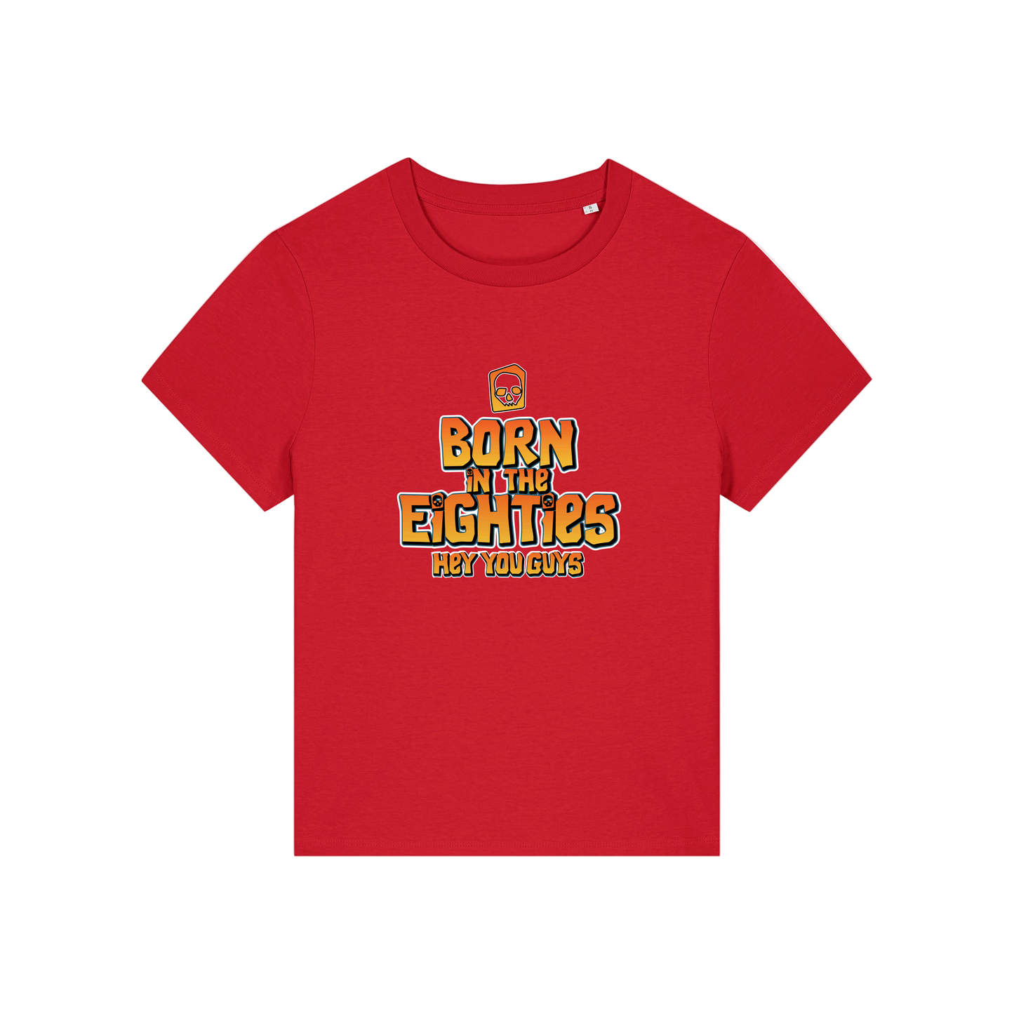 red geek tee with the slogan 'born in the eighties hey you guys'