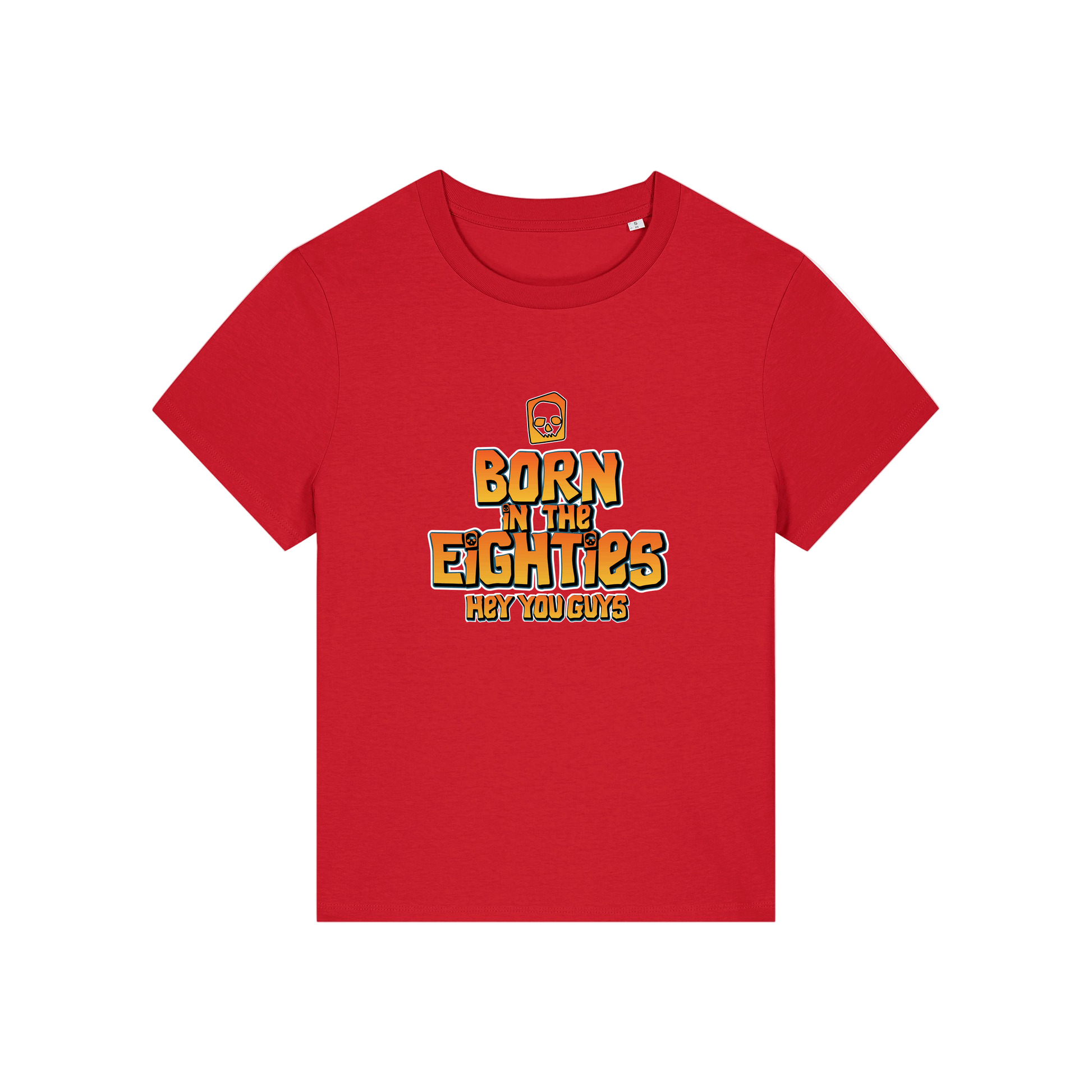 red geek tee with the slogan 'born in the eighties hey you guys'