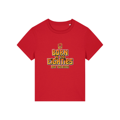 red geek tee with the slogan 'born in the eighties hey you guys'