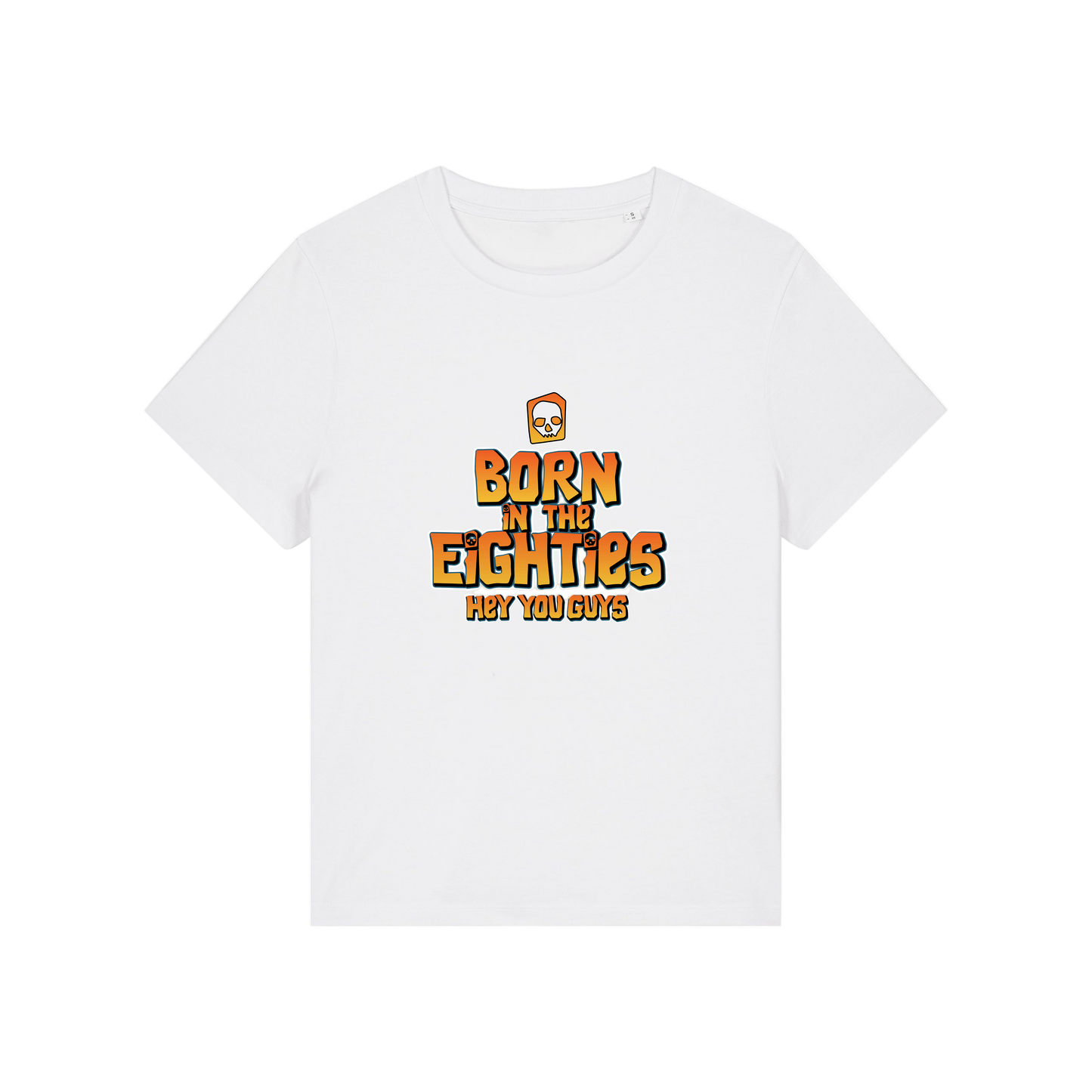 white geek tee with the slogan 'born in the eighties hey you guys'