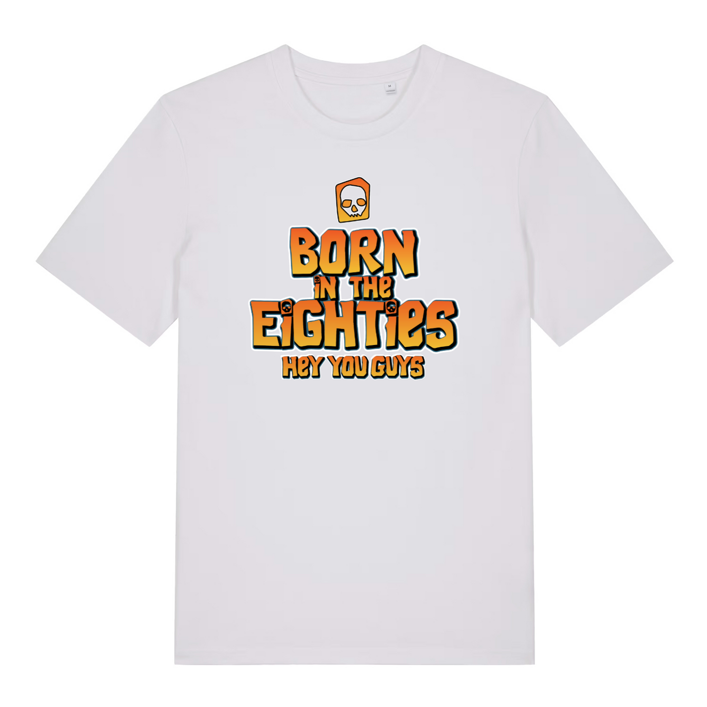 white women's geek t-shirt with the slogan 'born in the eighties hey you guys'