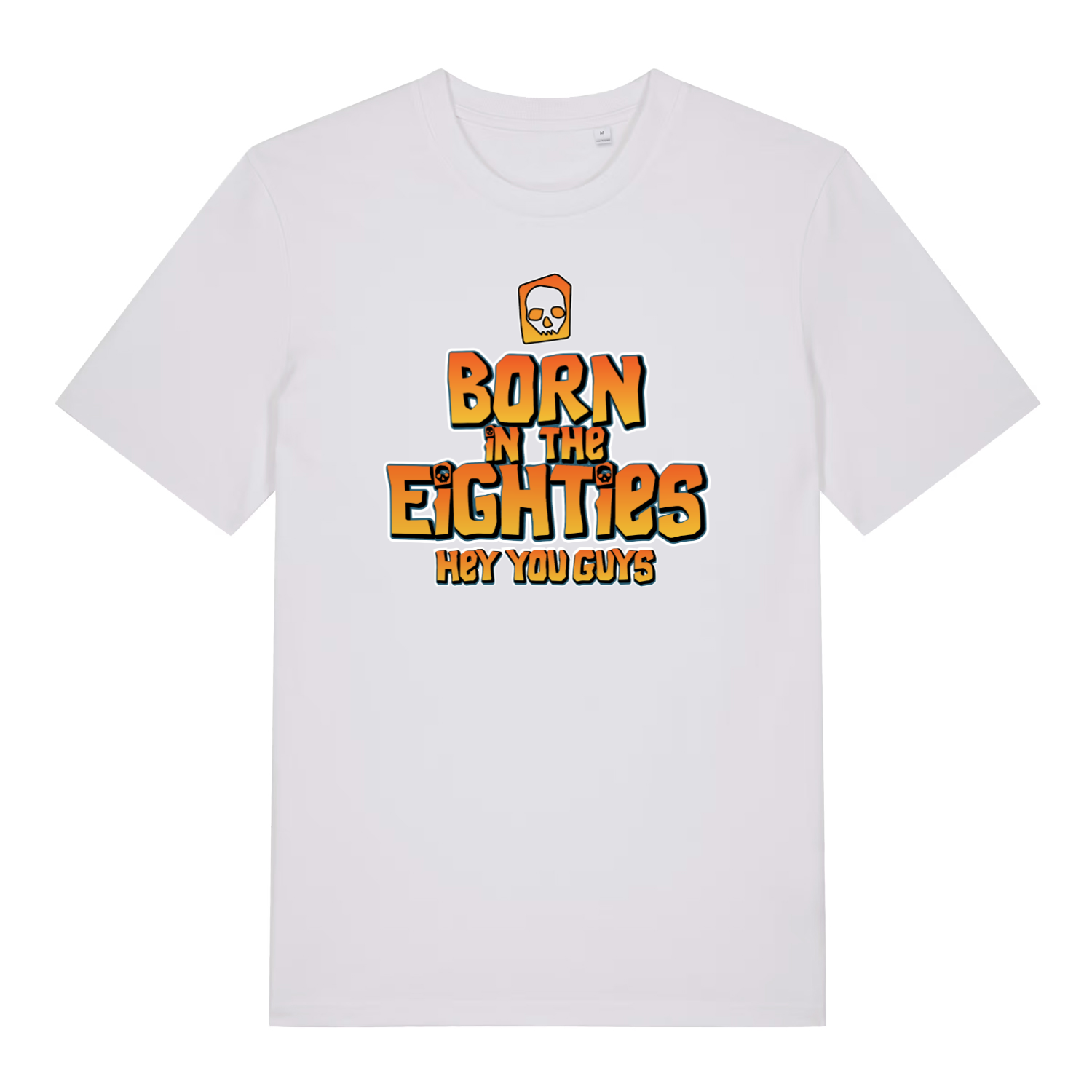 white women's geek t-shirt with the slogan 'born in the eighties hey you guys'