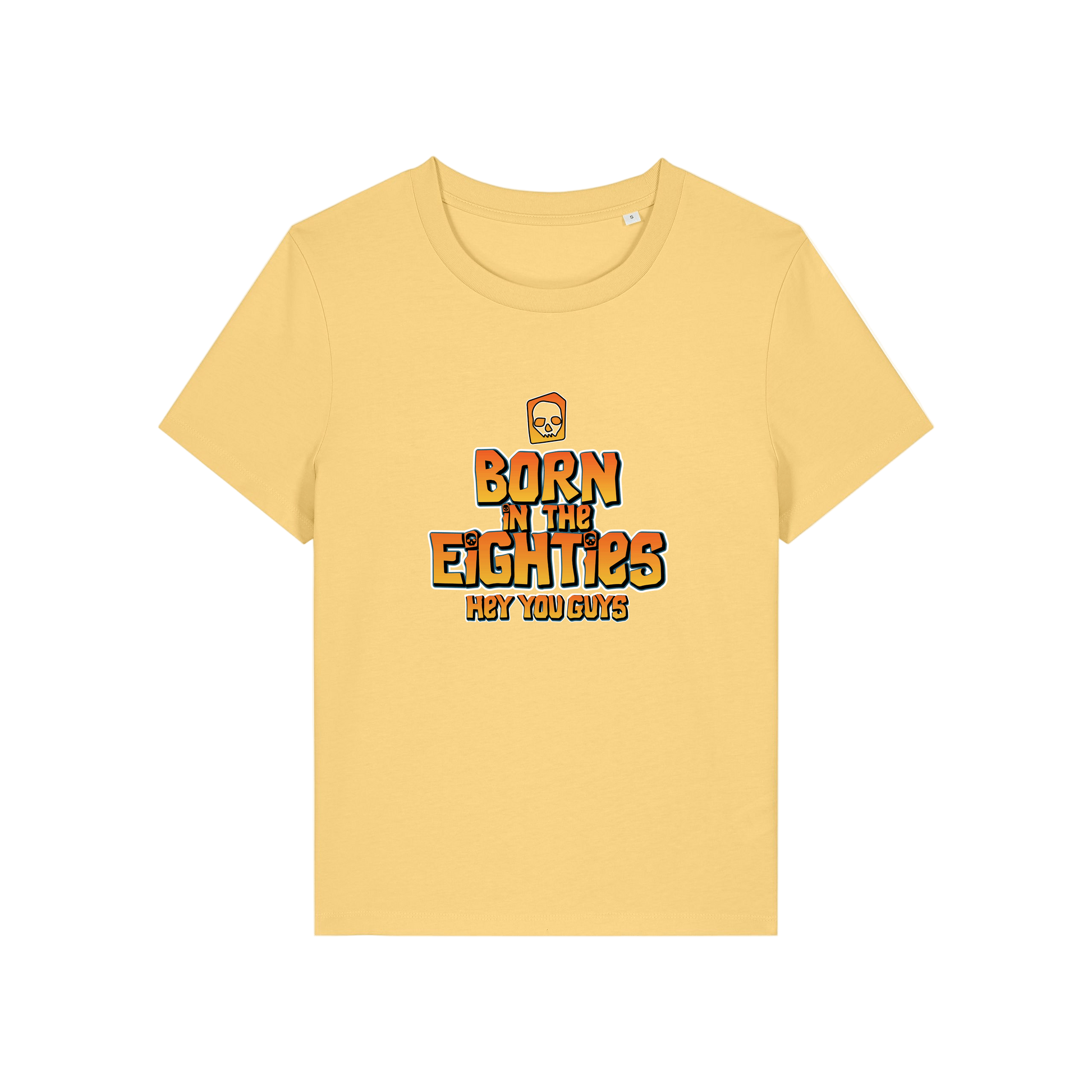 yellow geek tee with the slogan 'born in the eighties hey you guys'