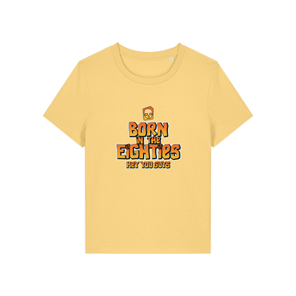 yellow geek tee with the slogan 'born in the eighties hey you guys'