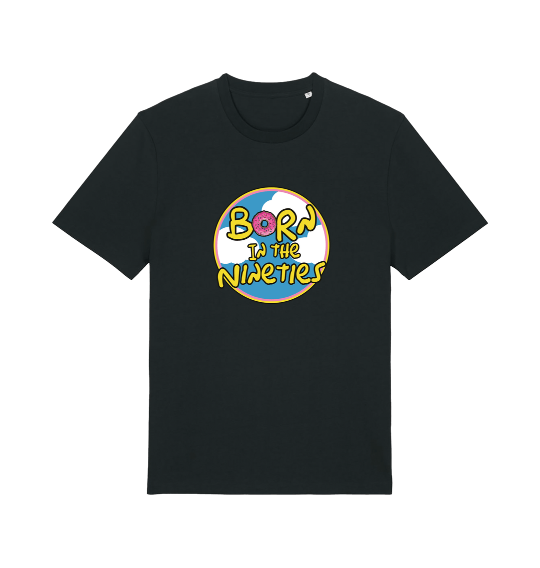 black birthday t-shirt inspired by the classic cartoon the simpsons with the text 'born in the 90's'