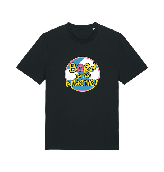black birthday t-shirt inspired by the classic cartoon the simpsons with the text 'born in the 90's'