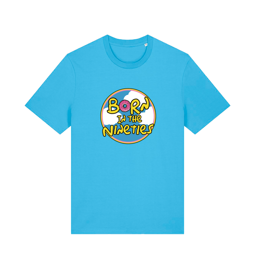 blue birthday t-shirt inspired by the classic cartoon the simpsons with the text 'born in the 90's'