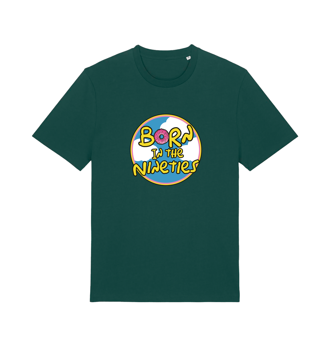 green birthday t-shirt inspired by the classic cartoon the simpsons with the text 'born in the 90's'