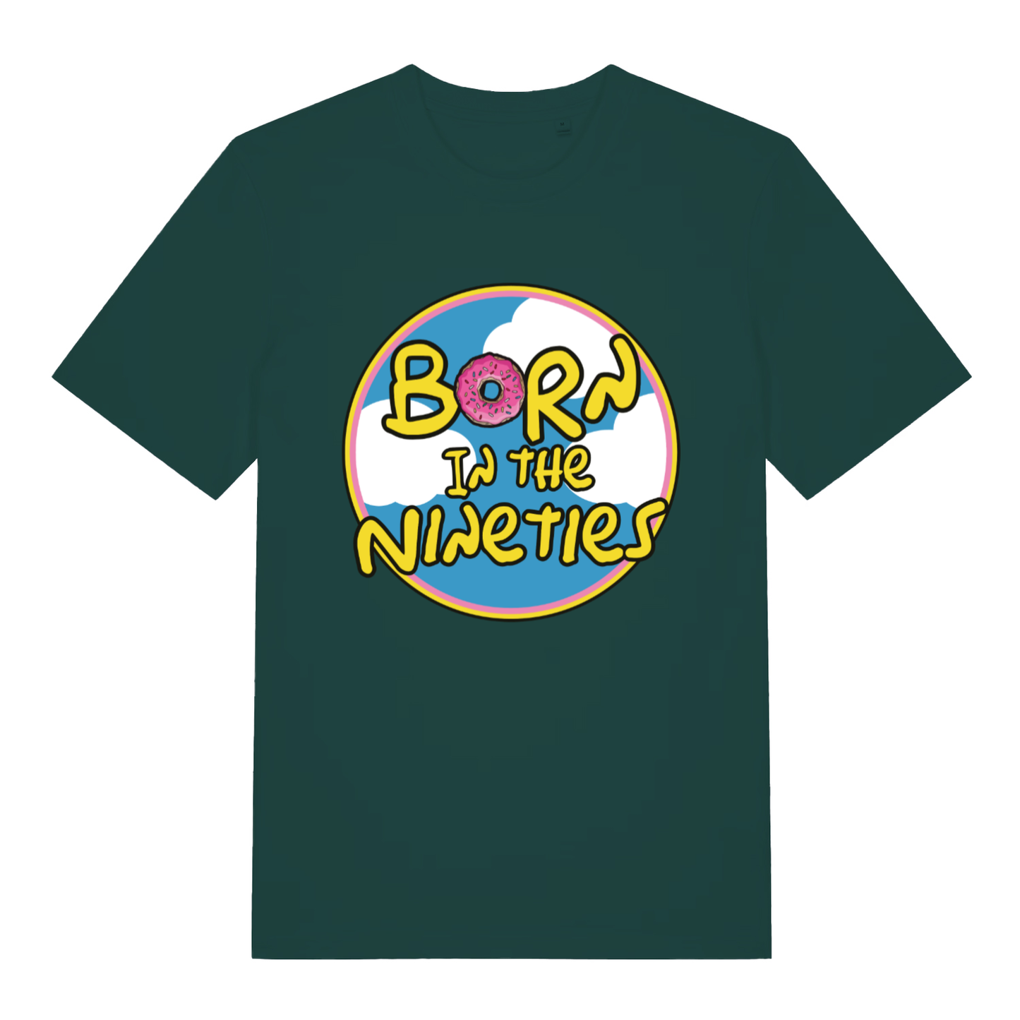 Green Born in the Nineties T-shirt flat lay featuring fun donut pun in "Born" and retro 90s circle design