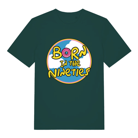 Green Born in the Nineties T-shirt flat lay featuring fun donut pun in "Born" and retro 90s circle design
