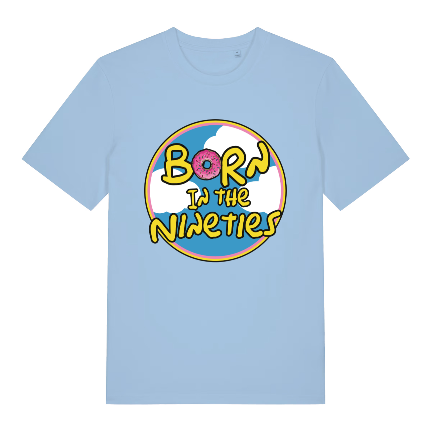 Light blue Born in the Nineties T-shirt flat lay showing vibrant "Born in the Nineties" donut graphic ideal birthday top