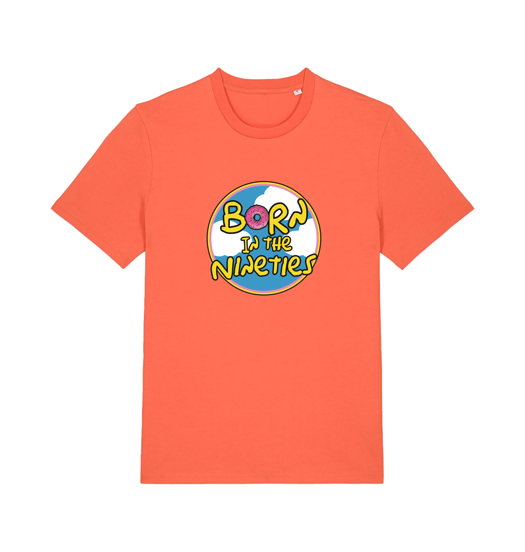 orange birthday t-shirt inspired by the classic cartoon the simpsons with the text 'born in the 90's'