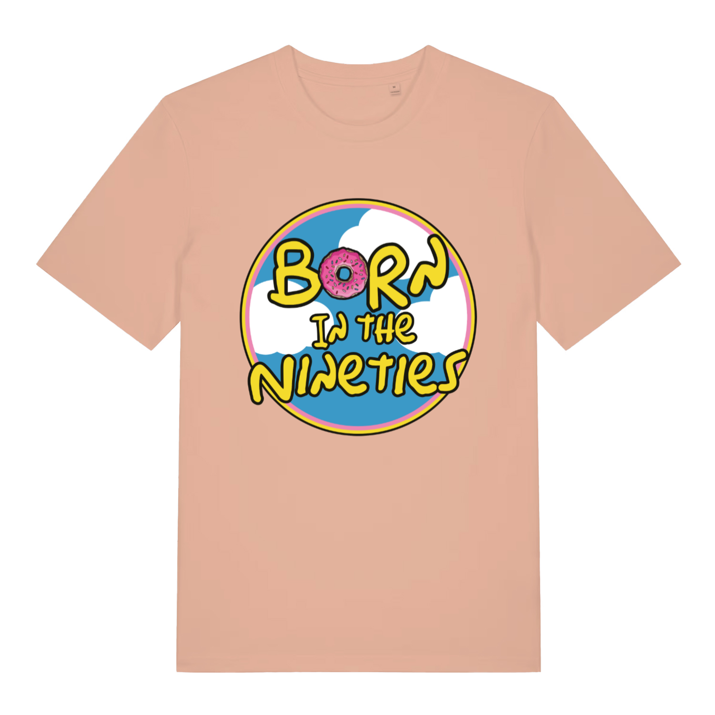 Peach Born in the Nineties T-shirt flat lay with cheeky 90s nostalgia slogan and colourful donut illustration