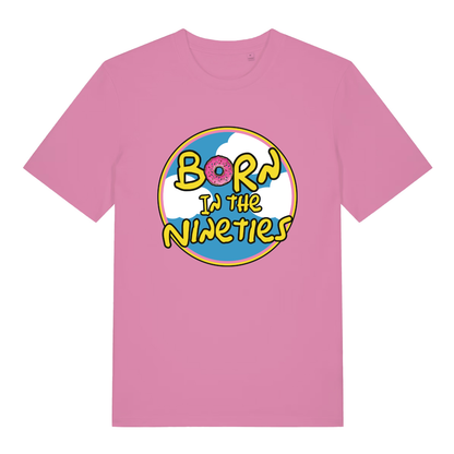 Pink women's Born in the Nineties T-shirt flat lay with donut "O" graphic and colourful 90s slogan perfect ladies nostalgia tee