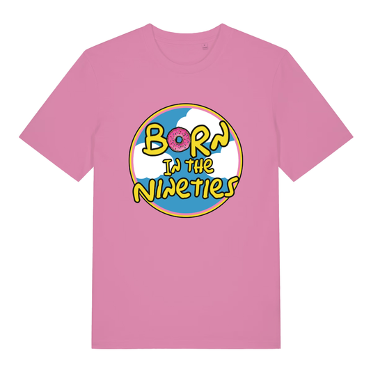 Pink women's Born in the Nineties T-shirt flat lay with donut "O" graphic and colourful 90s slogan perfect ladies nostalgia tee