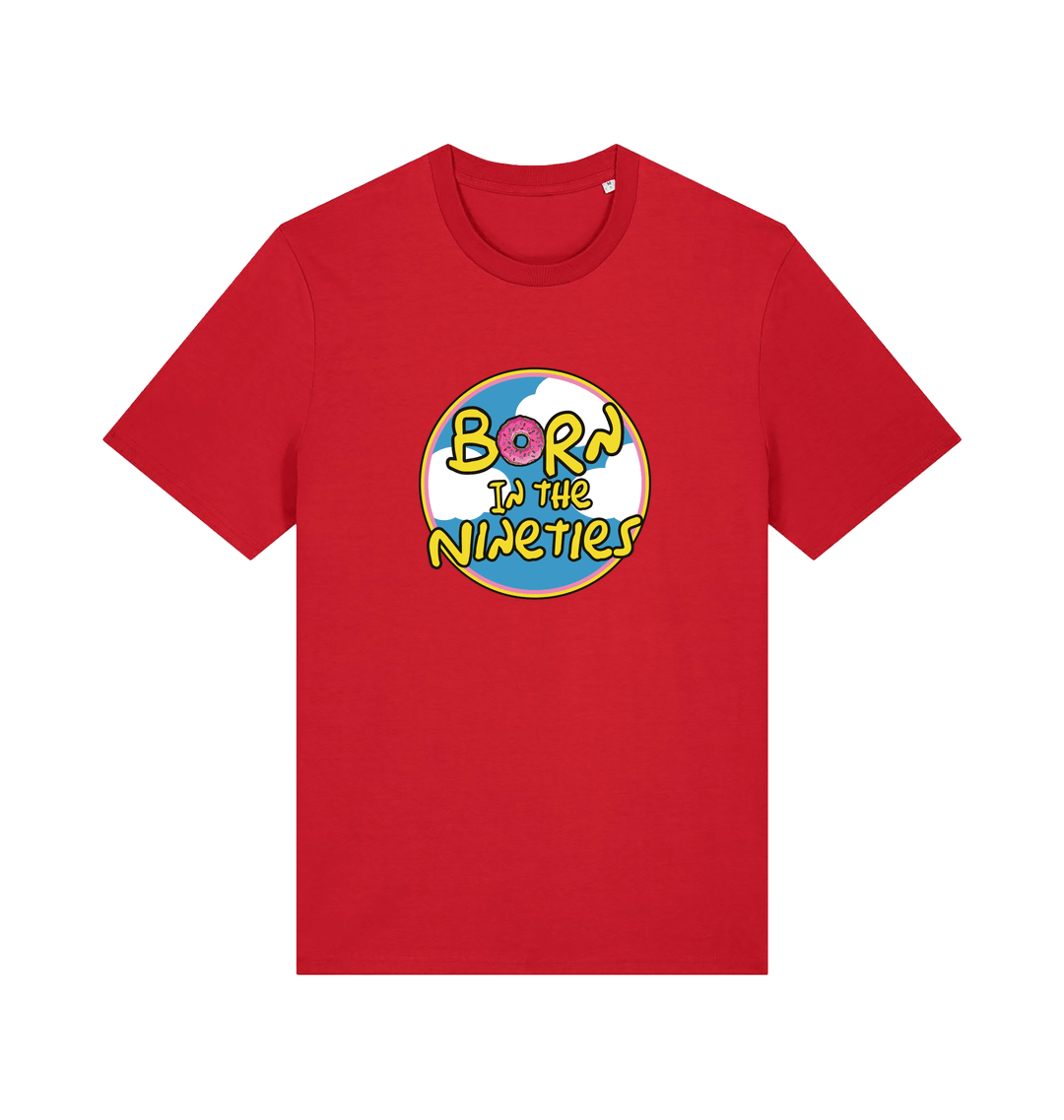 red birthday t-shirt inspired by the classic cartoon the simpsons with the text 'born in the 90's'