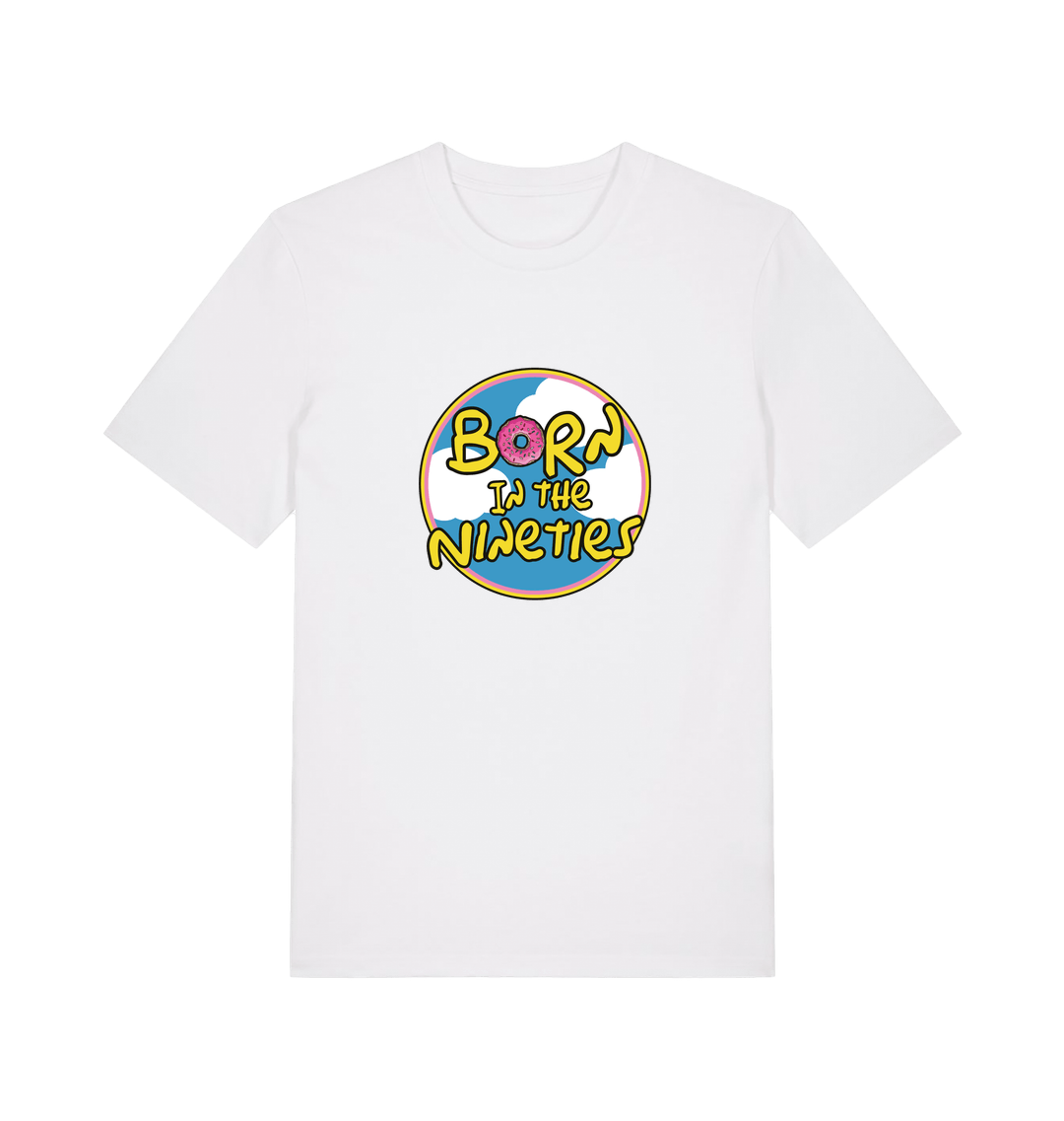 white birthday t-shirt inspired by the classic cartoon the simpsons with the text 'born in the 90's'