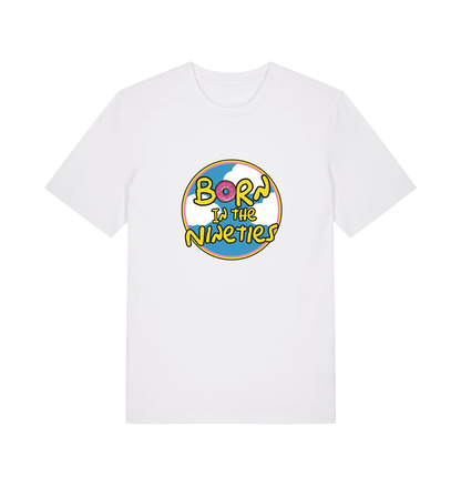 white birthday t-shirt inspired by the classic cartoon the simpsons with the text 'born in the 90's'