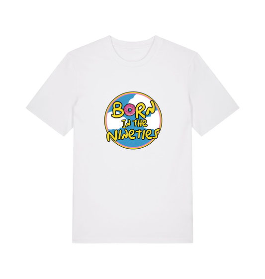 white birthday t-shirt inspired by the classic cartoon the simpsons with the text 'born in the 90's'
