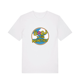 white birthday t-shirt inspired by the classic cartoon the simpsons with the text 'born in the 90's'