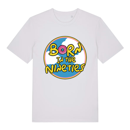 White Born in the Nineties T-shirt flat lay displaying bright donut "Born in the Nineties" retro circle design