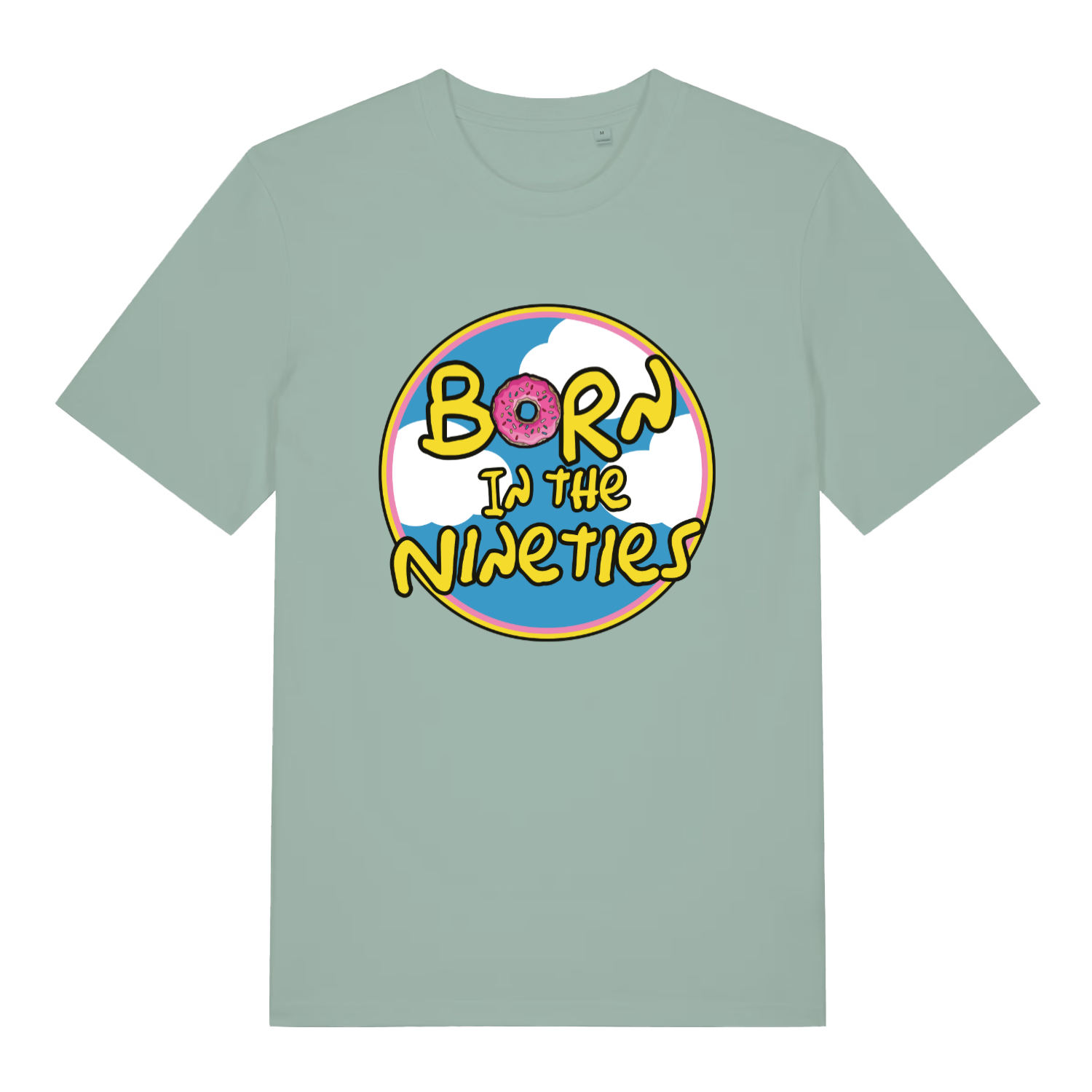 Green women's Born in the Nineties T-shirt flat lay featuring fun donut pun in "Born" retro 90s circle design