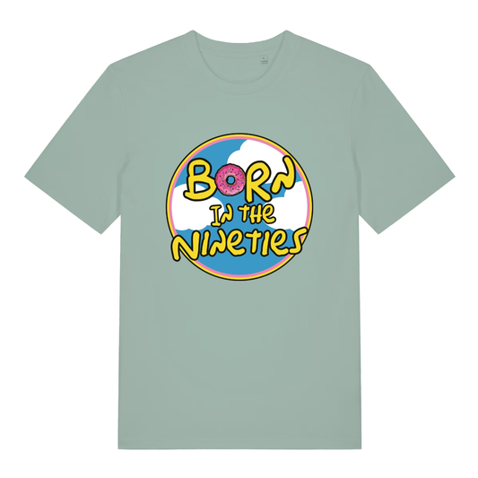 Green women's Born in the Nineties T-shirt flat lay featuring fun donut pun in "Born" retro 90s circle design