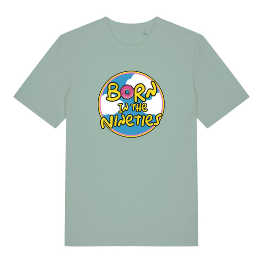 green women's geek t-shirt with a simpsons inspired design and the slogan 'born in the nineties'