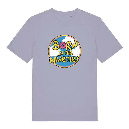 lavender women's geek t-shirt with a simpsons inspired design and the slogan 'born in the nineties'