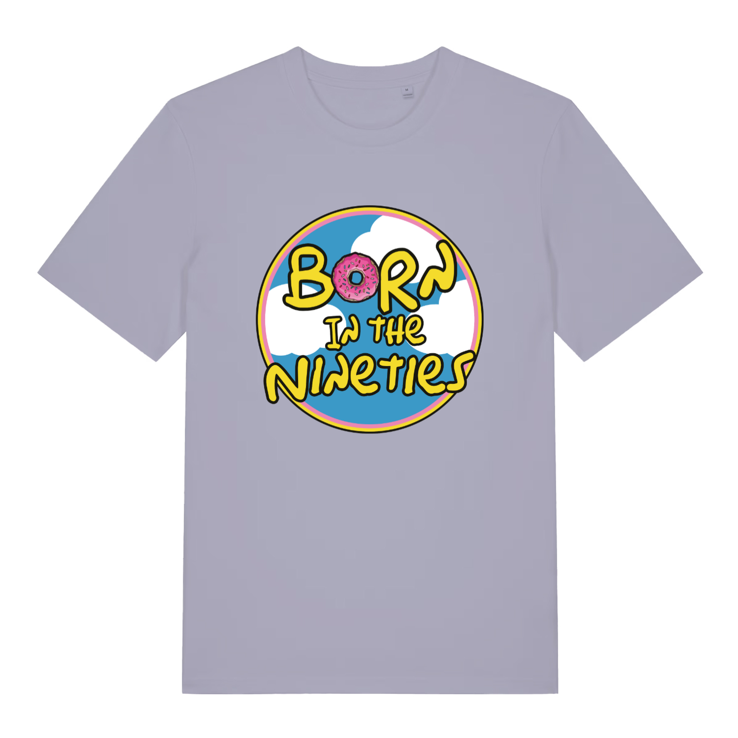 Lavender women's Born in the Nineties T-shirt flat lay showing vibrant "Born in the Nineties" donut graphic