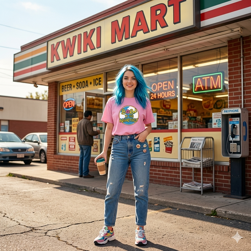 Person with blue hair standing in front of a Kwiki Mart store wearing a pink slogan t-shirt 