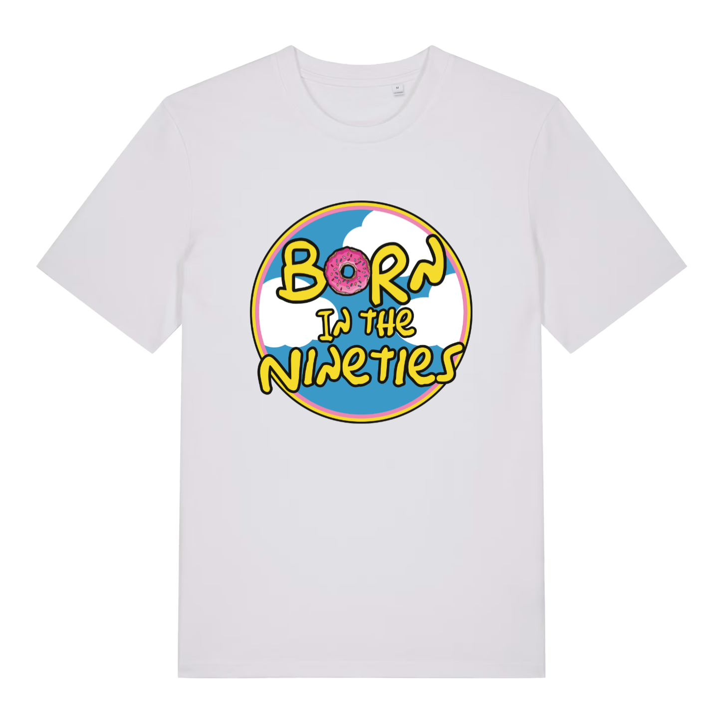 White women's Born in the Nineties T-shirt flat lay displaying bright donut "Born in the Nineties" circle design