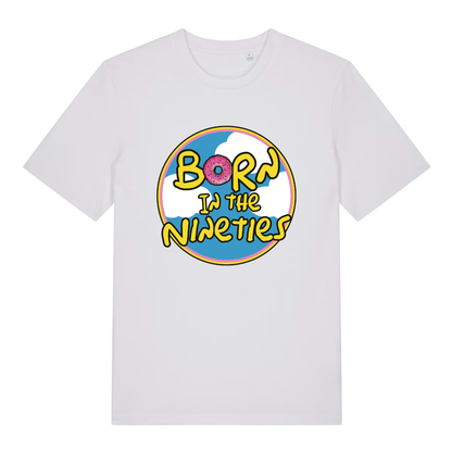White women's Born in the Nineties T-shirt flat lay displaying bright donut "Born in the Nineties" circle design
