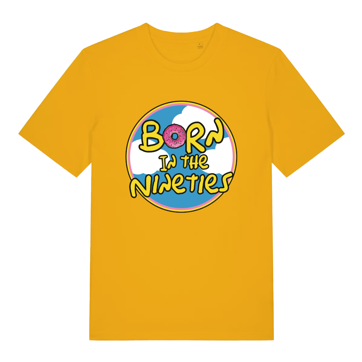Yellow women's Born in the Nineties T-shirt flat lay with bold fun 90s donut pun graphic ideal ladies birthday wear