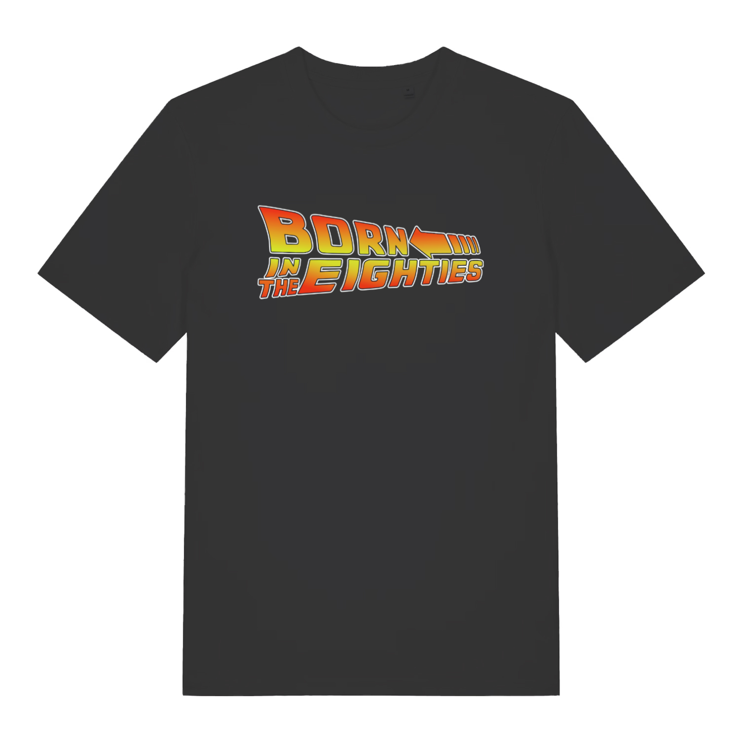 Black Born in the Eighties T-shirt flat lay with movie-style "Born in the Eighties" arrow graphic perfect 80s nostalgia tee