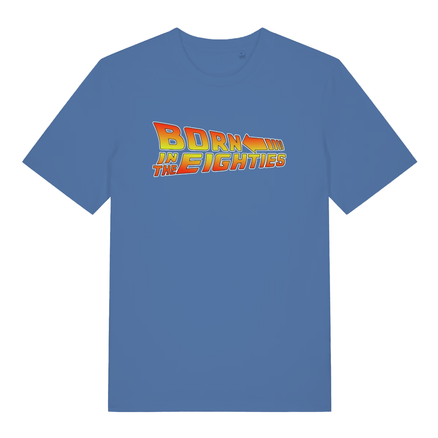Blue Born in the Eighties T-shirt flat lay featuring bold Back to the Future inspired slogan and speed arrow design