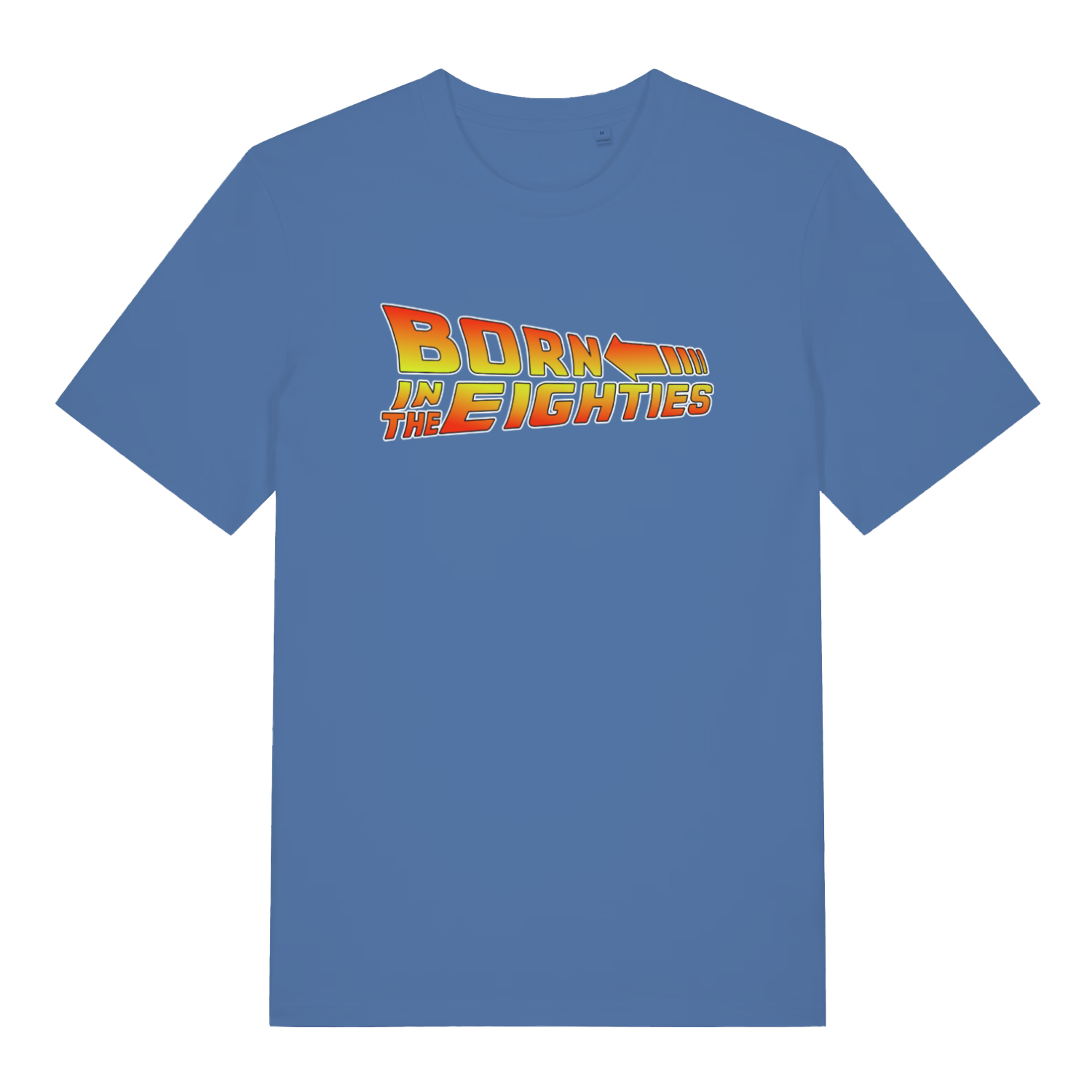 Blue Born in the Eighties T-shirt flat lay featuring bold Back to the Future inspired slogan and speed arrow design