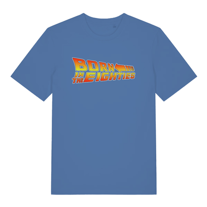 Blue Born in the Eighties T-shirt flat lay featuring bold Back to the Future inspired slogan and speed arrow design