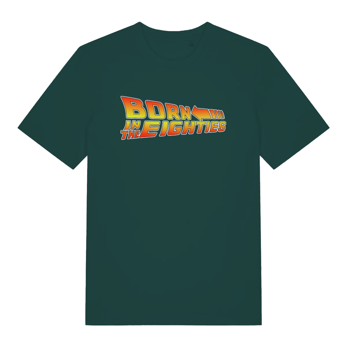 Green Born in the Eighties T-shirt flat lay showing retro 80s movie lettering with arrow perfect men's birthday top