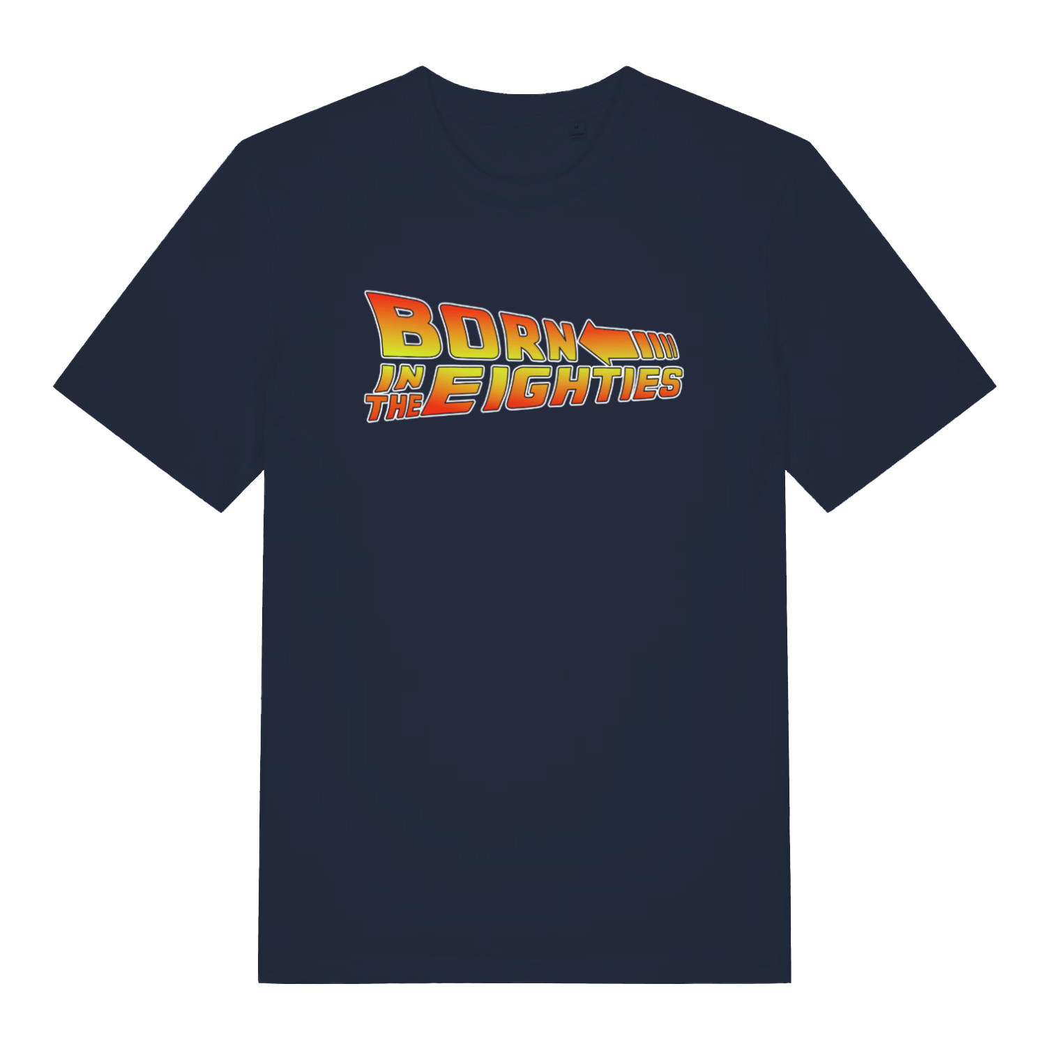 Navy Born in the Eighties T-shirt flat lay with dynamic "Born in the Eighties" graphic and nostalgic 80s style