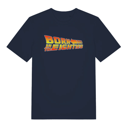 Navy Born in the Eighties T-shirt flat lay with dynamic "Born in the Eighties" graphic and nostalgic 80s style
