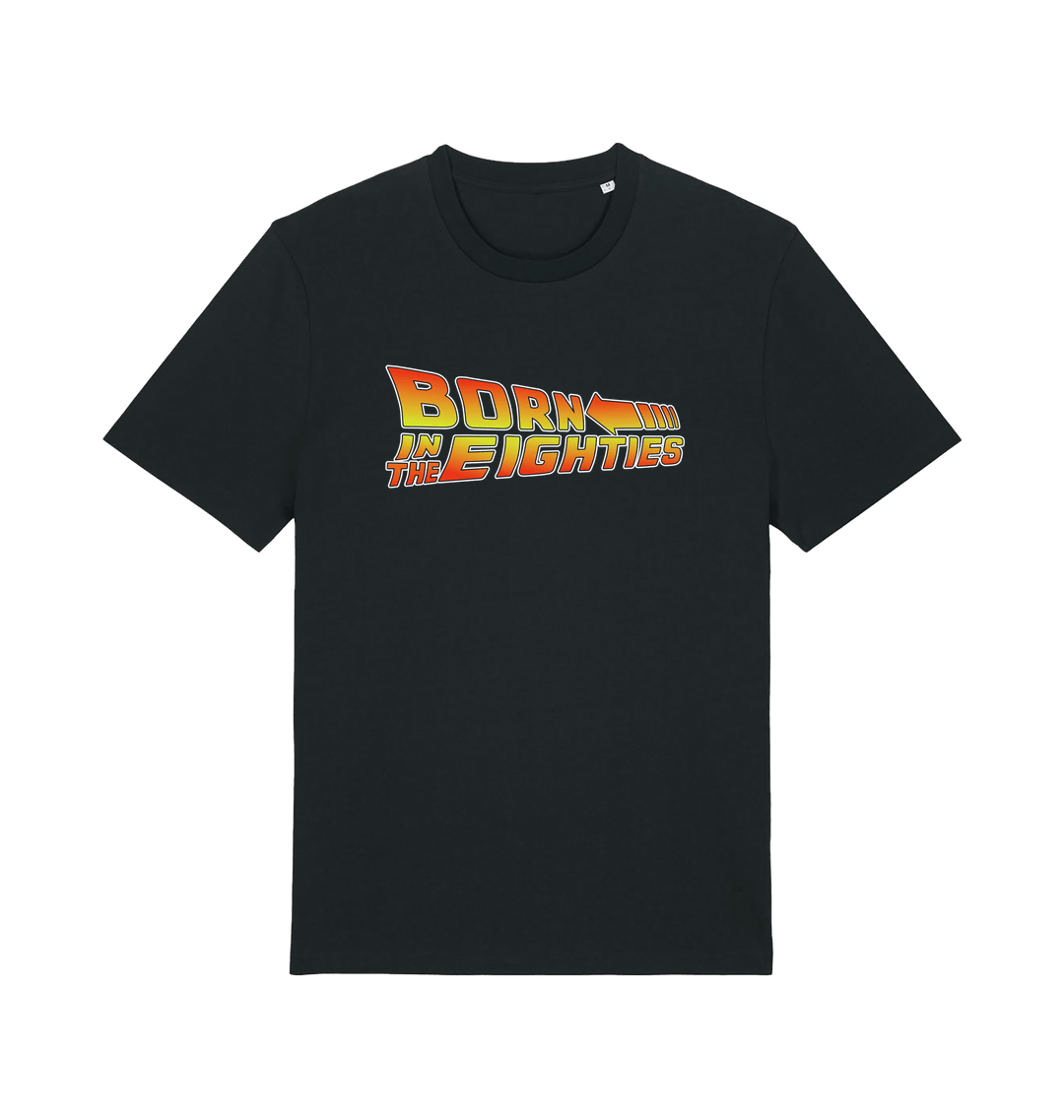 black birthday t-shirt inspired by the classic film back to the future with the 'born in the eighties'