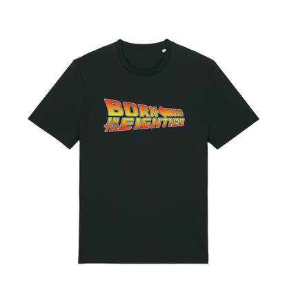 black birthday t-shirt inspired by the classic film back to the future with the 'born in the eighties'