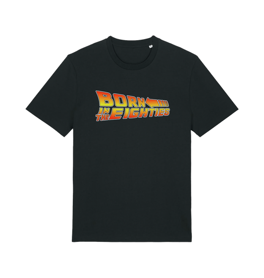 black birthday t-shirt inspired by the classic film back to the future with the 'born in the eighties'