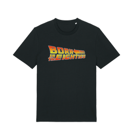 black birthday t-shirt inspired by the classic film back to the future with the 'born in the eighties'